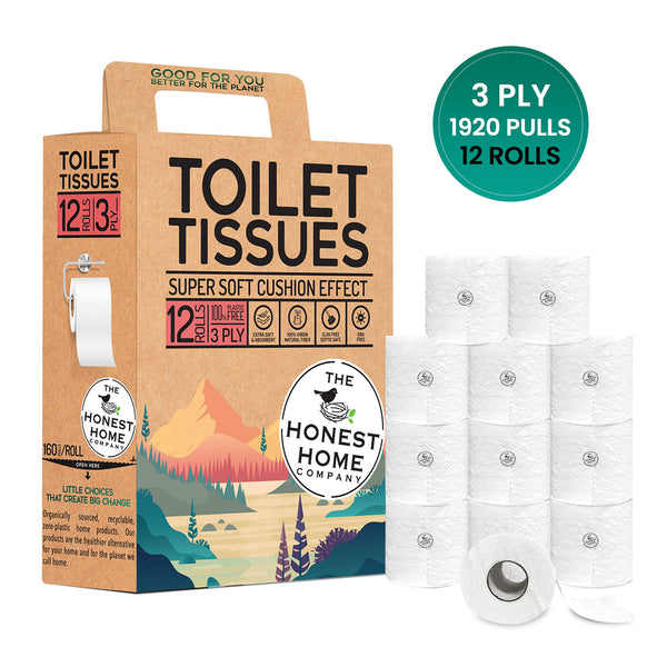 Honest Home 3 Ply Toilet Tissue Paper Rolls | 1920 Pulls | 160 Pulls x 12 rolls | 100% Virgin Pulp | Super Soft Toilet Roll | Clog-Free
