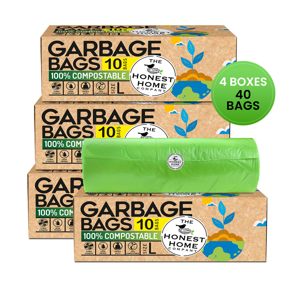 Compostable Garbage Bags Large Green | 60 Bags | 24 x 32 Inches| Pack of 4