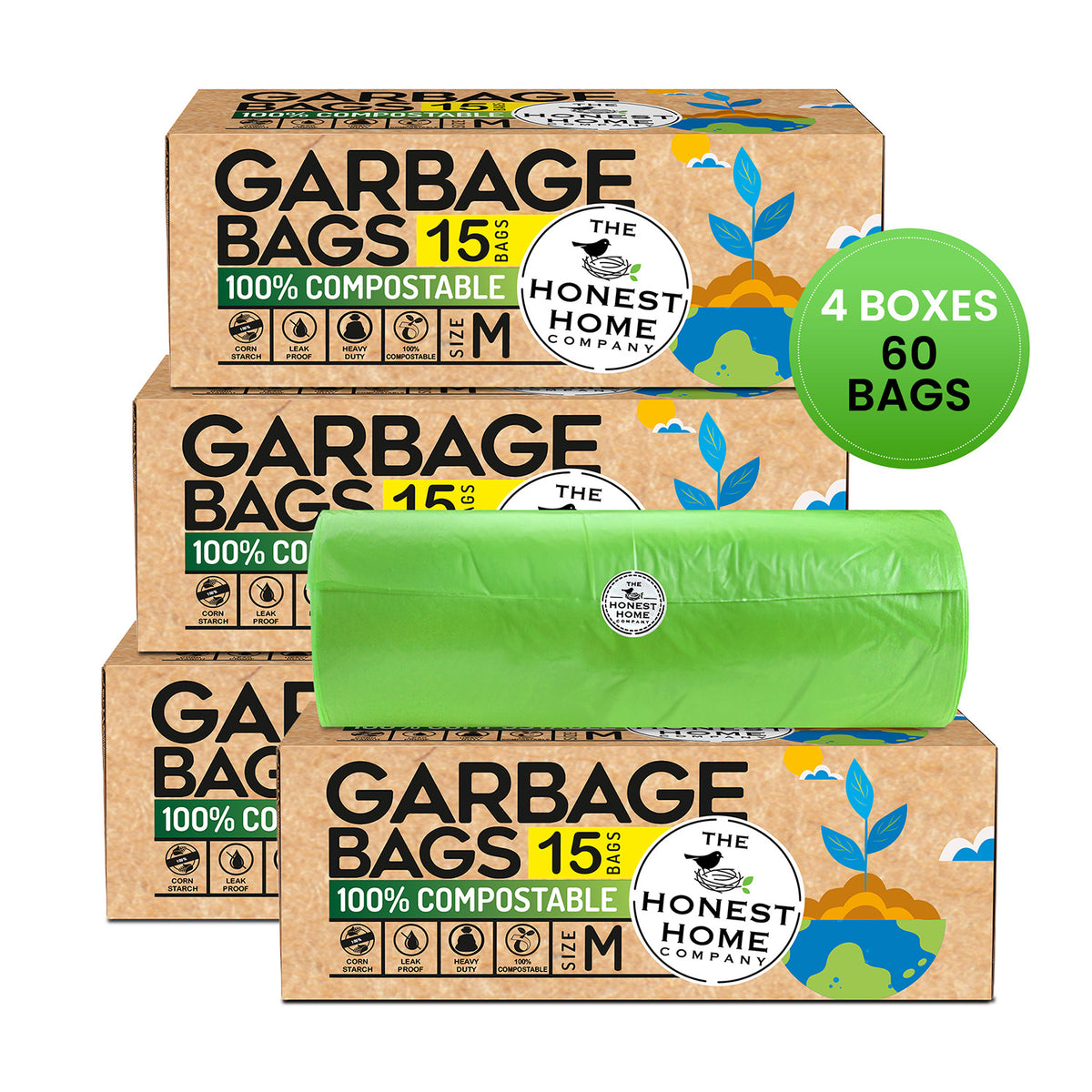 Compostable Garbage Bags Medium Green | 60 Bags | 19 x 21 Inches| Pack of 4