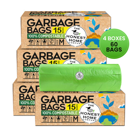 Compostable Garbage Bags Medium Green | 60 Bags | 19 x 21 Inches| Pack of 4