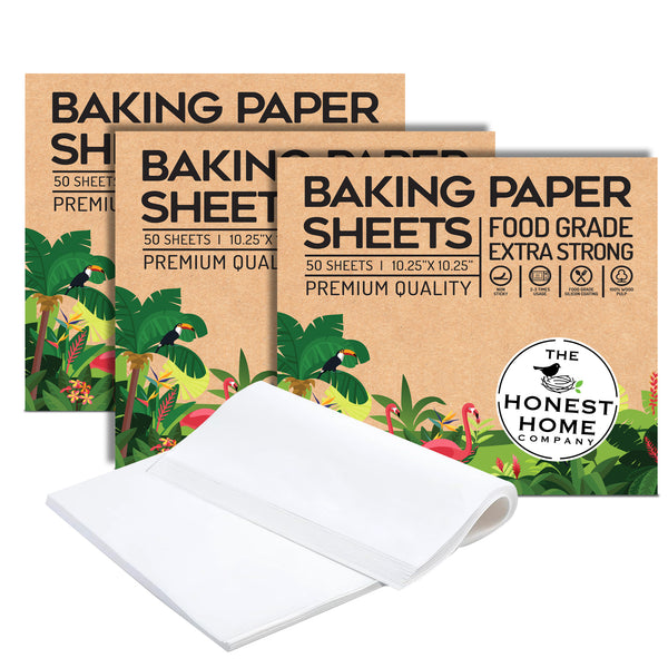 Honest Home Baking Paper Sheets | 150 Sheets (50 Sheets X 3) | 10x10 Inch | Pre-Cut & Non-Stick | Parchment Paper for Baking Cake | Oven, Air Fryer, Microwave Safe