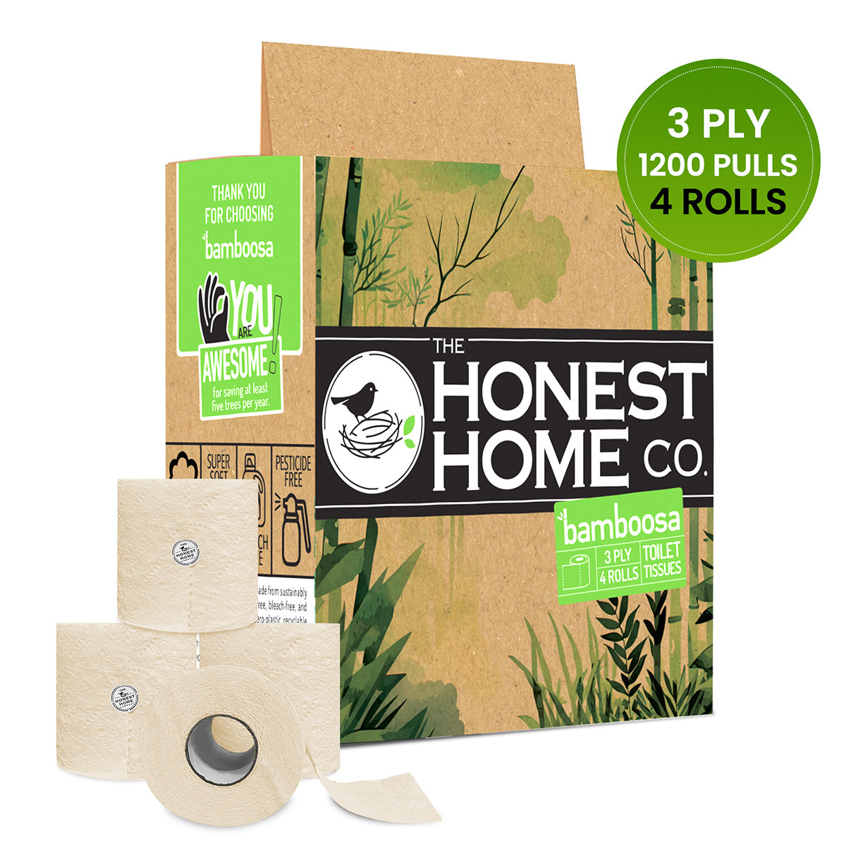Bamboo Toilet Tissue Paper Rolls 3 Ply | 1200 Pulls | 300 Pulls x 4 Rolls