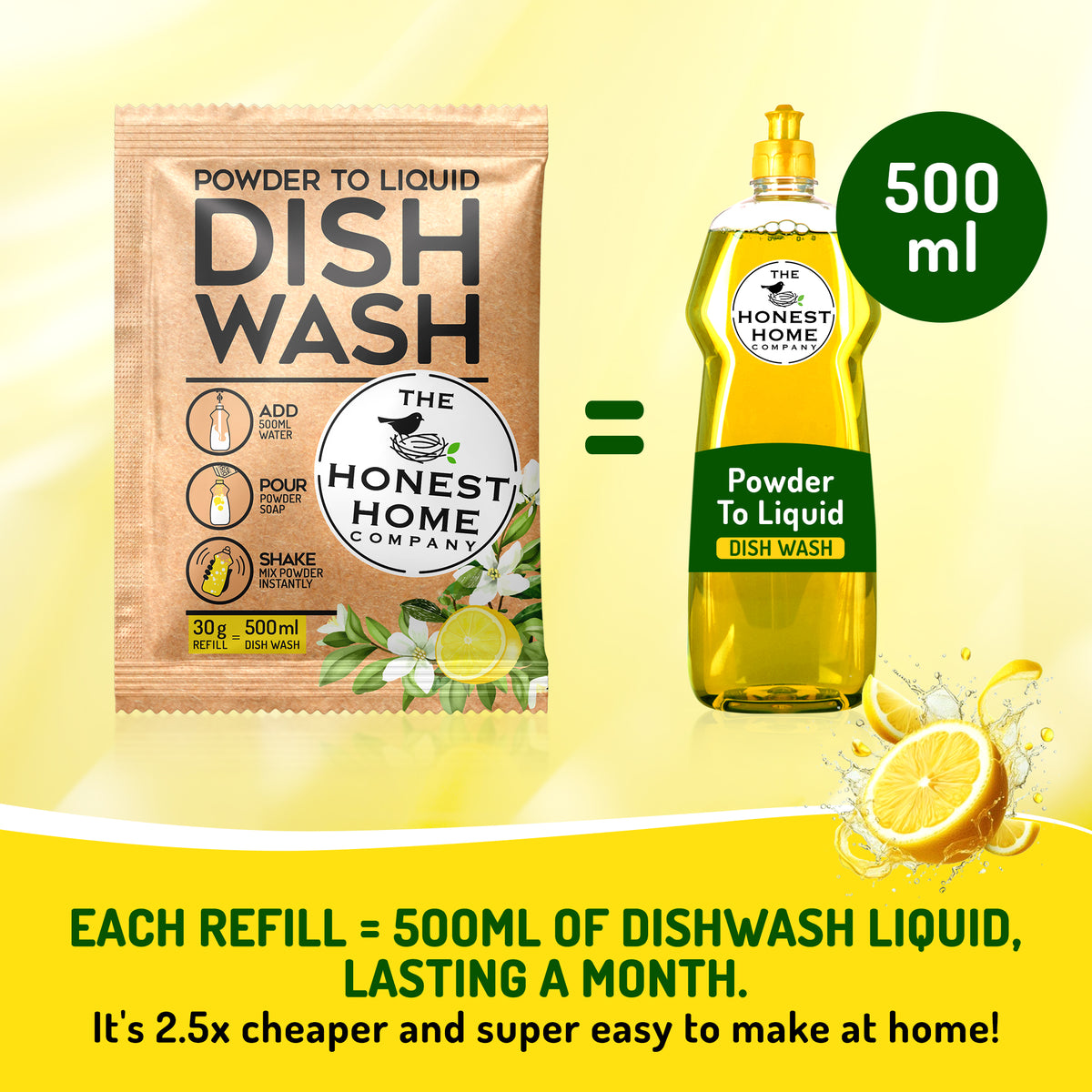 Powder to Liquid Dish Wash | 2.5L Refill | 5 Sachets, 30g Each