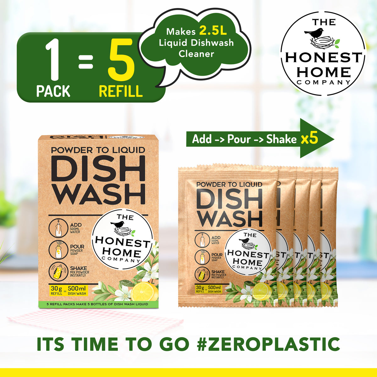 Powder to Liquid Dish Wash | 2.5L Refill | 5 Sachets, 30g Each