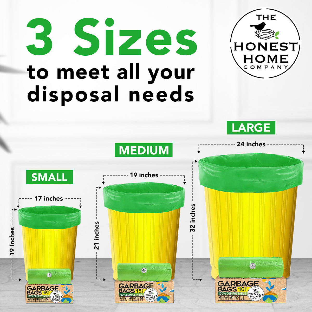 Compostable Garbage Bags Large Green | 60 Bags | 24 x 32 Inches| Pack of 4