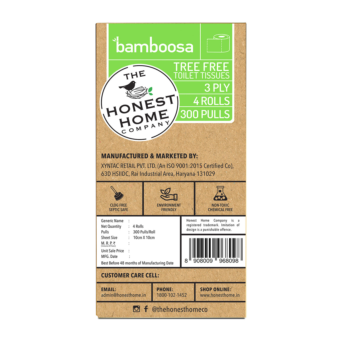 Bamboo Toilet Tissue Paper Rolls 3 Ply | 1200 Pulls | 300 Pulls x 4 Rolls