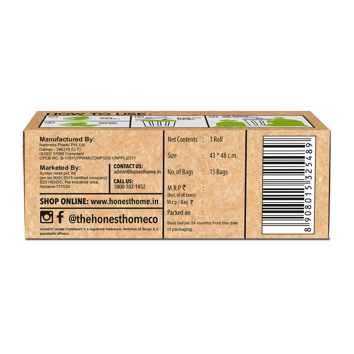 Compostable Garbage Bags Medium Green | 60 Bags | 19 x 21 Inches| Pack of 4
