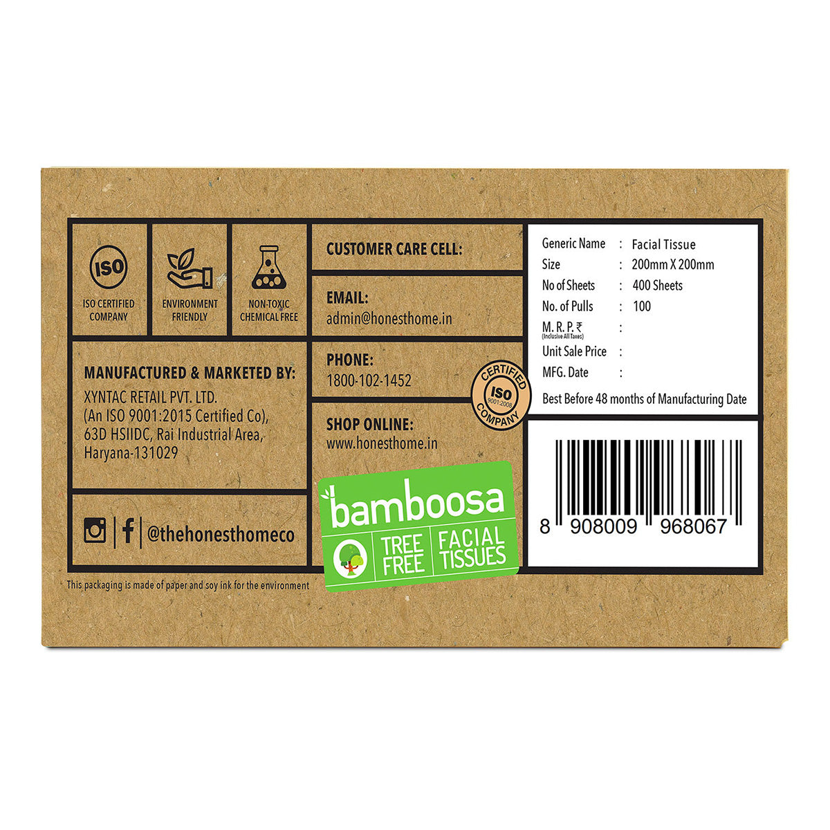 Bamboo Facial Tissue Box 2-Ply  | 400 Pulls | 100 Pulls x 4 Boxes