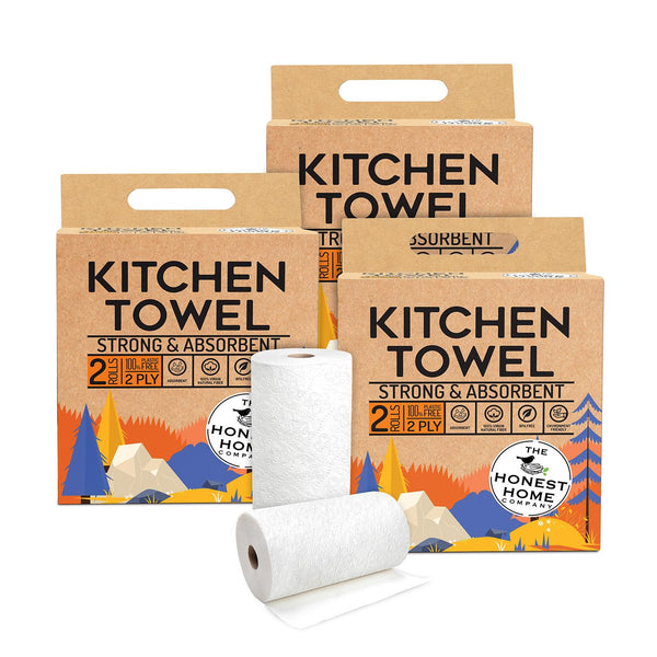 Honest Home 2 Ply Kitchen Towel Roll Combo | 360 Pulls Total | 3 Boxes x 2 Rolls | 60 Pulls/Roll | Strong, Absorbent & Food Safe | 100% Virgin Pulp