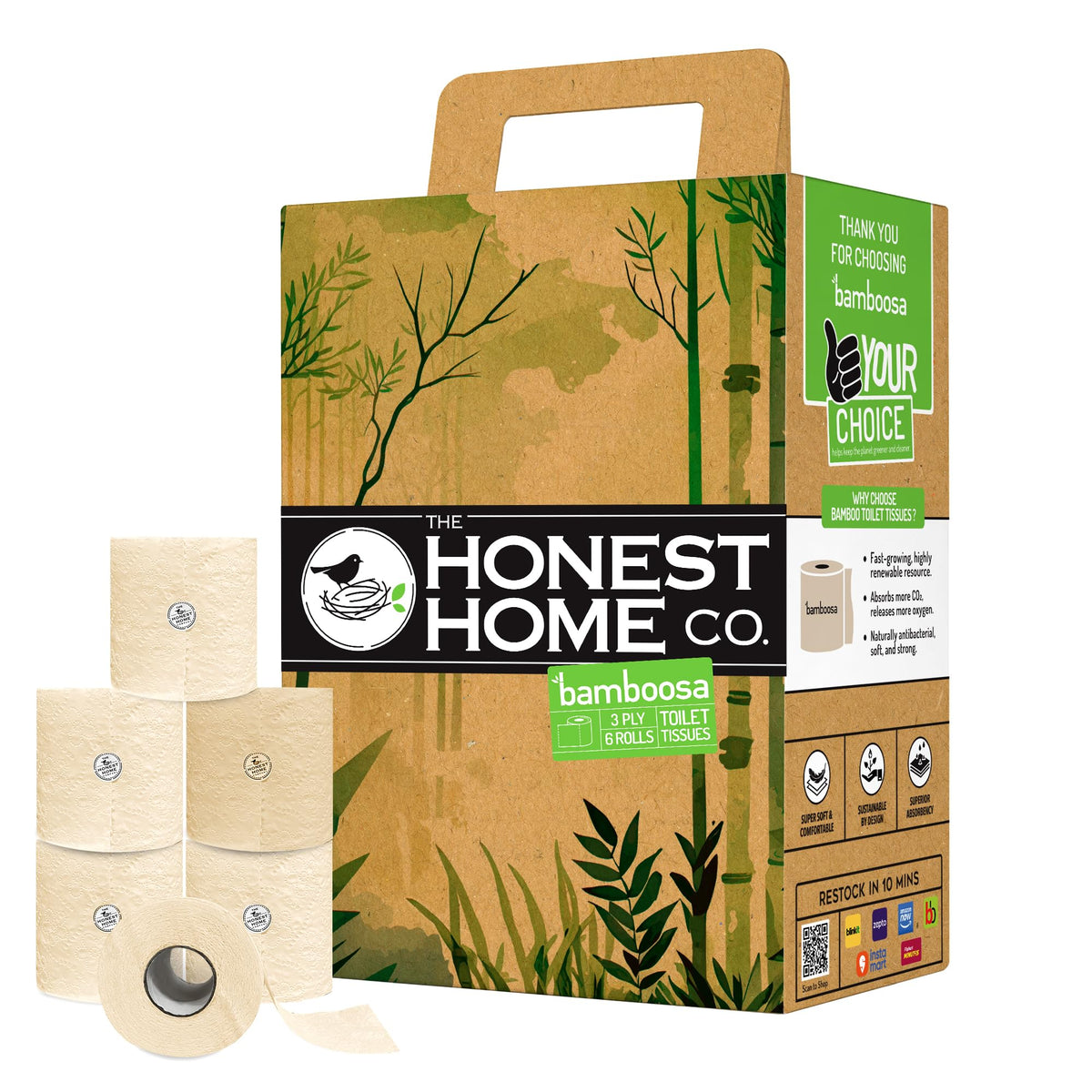 Bamboo Toilet Tissue Paper Rolls 3 Ply | 960 Pulls | 160 Pulls x 6 Rolls