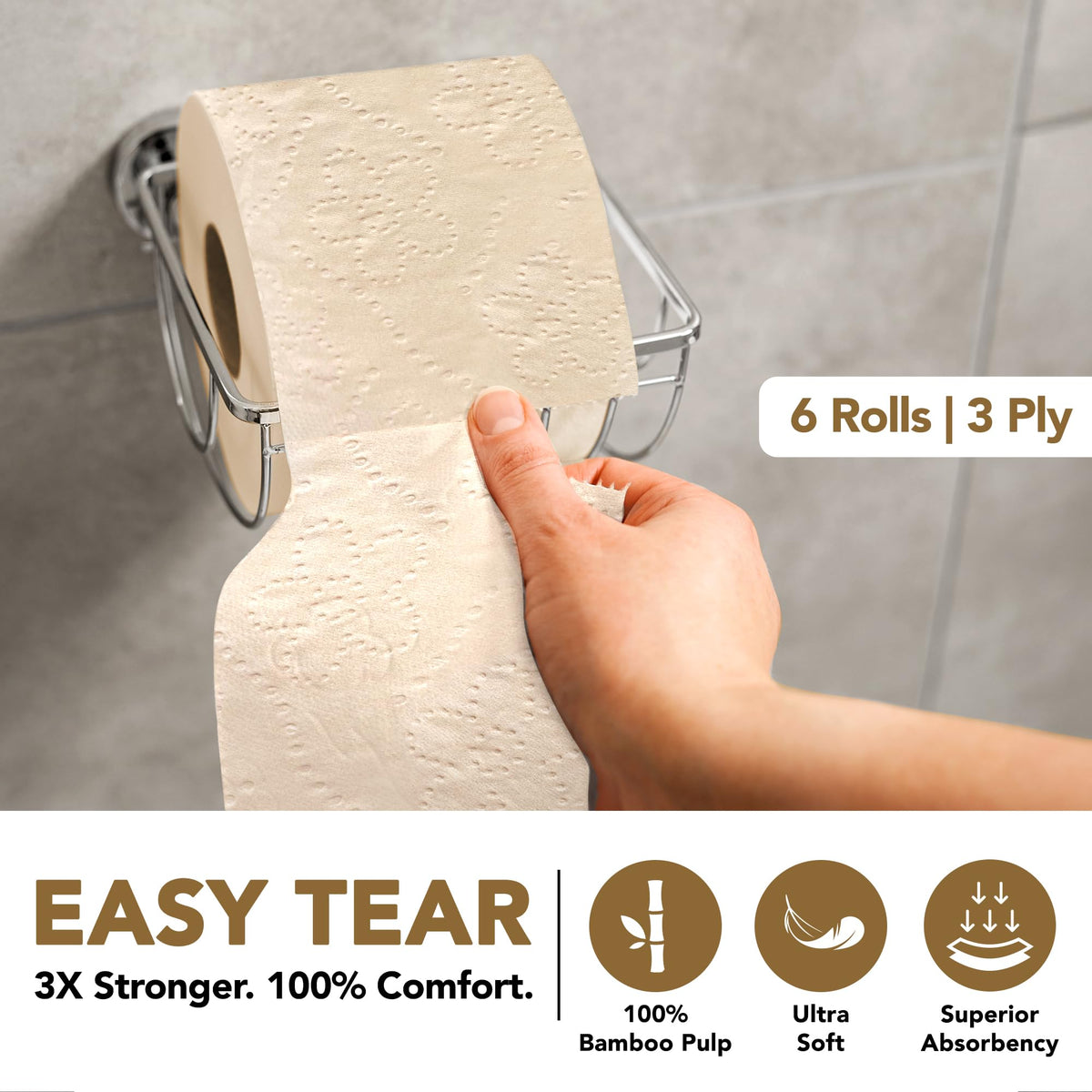 Bamboo Toilet Tissue Paper Rolls 3 Ply | 960 Pulls | 160 Pulls x 6 Rolls